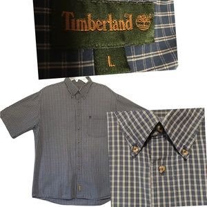 Timberland Button down short sleeve blue plaid shirt Lg EUC